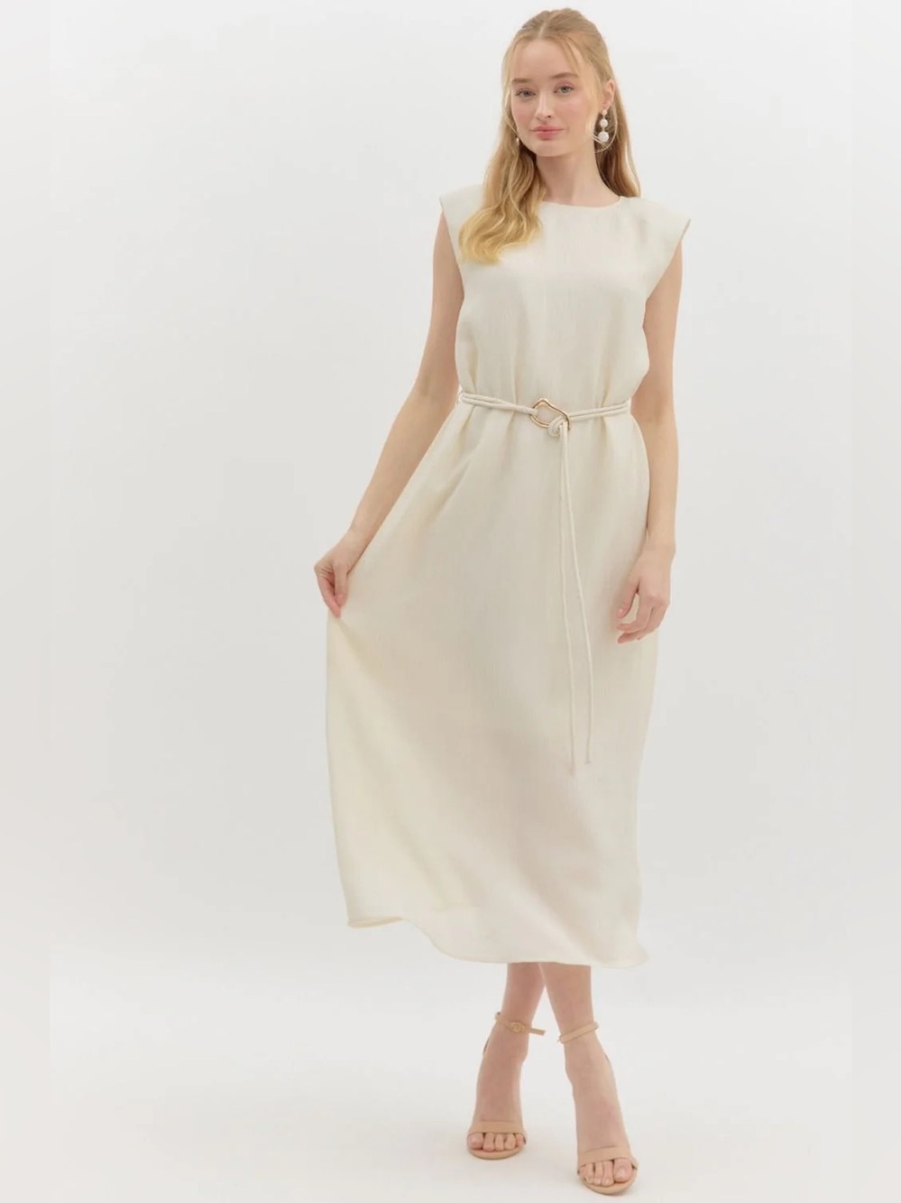 NWT entro Natalie Cream Midi Dress with Gold Belt Large
